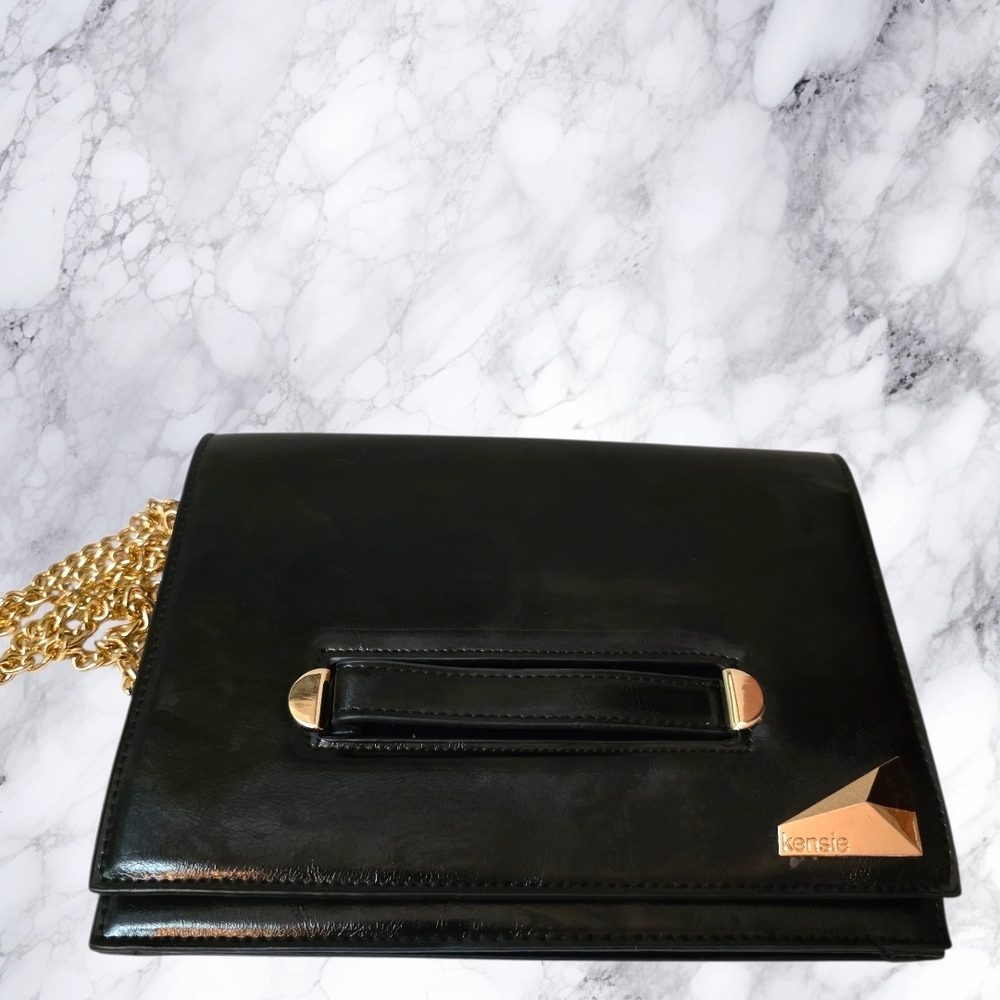 Kensie Black Leather Clutch Crossbody Gold Chain Evening Bag Minimalist Chic - Picture 5 of 16